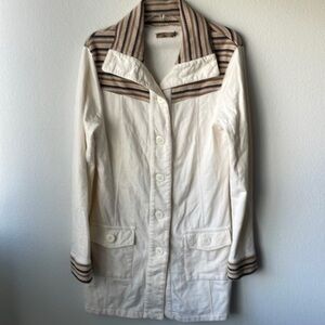 Prana jacket sweater like XL ivory tan colored with brown patterned trim